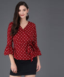 Casual 3/4 Sleeve Printed Women White Top MAROON