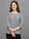 Casual Bishop Sleeve Embroidered Women Grey Top Grey