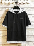 Solid Men Hooded Neck Black T-Shirt Black-White