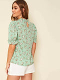 Casual Floral Print Women Light Green Top