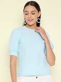 Casual Short Sleeve Solid Women Dark Blue Top Blue